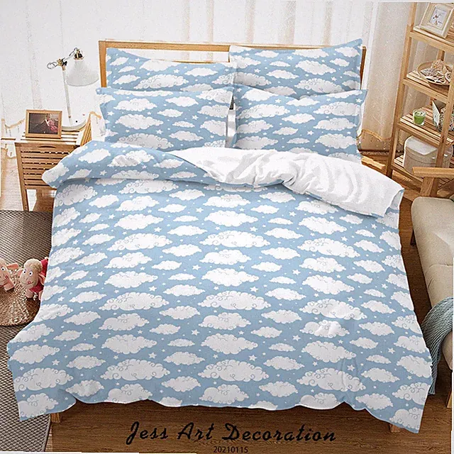 3D Cartoon Clouds Star Pattern Blue Quilt Cover Set Bedding Sets Pillowcases 64