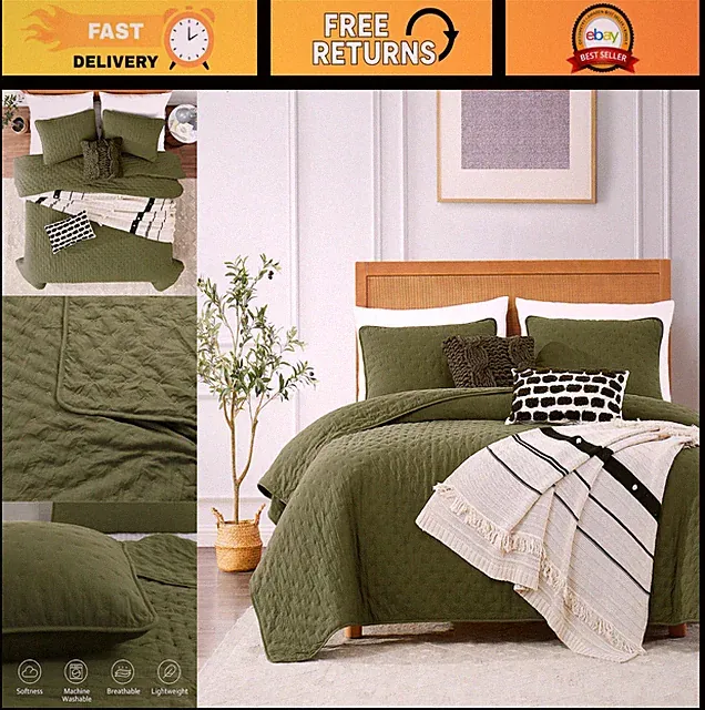 Cal King Cloud Quilt Bedding Set, 3-Piece Lightweight Bedspread & 2 Shams, Olive