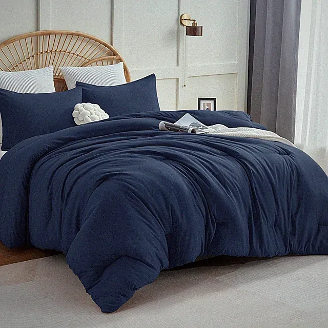 California King Comforter Set Navy Blue, 3 Pieces Cal King Solid Breathable Q...