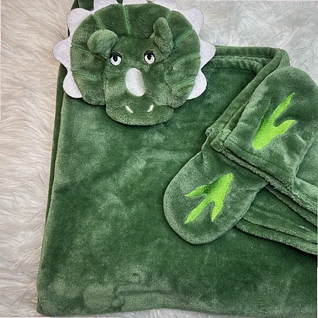 Cloud Castle Hooded Throw Blanket Cozy Dinosaur Green Triceratops 57" x 44"