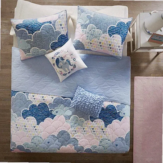 Full/Queen Kids Blue Pink Unicorn Clouds Quilt Coverlet Bedspread Set