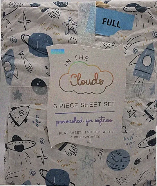 In the Clouds Full 6 Piece Sheet Set Children's Hand Drawn Space Theme New
