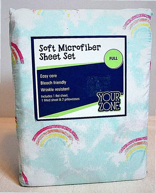 Microfiber FULL Sheet Set, NEW Multicolor Rainbows on Blue Sky, Clouds YOUR ZONE