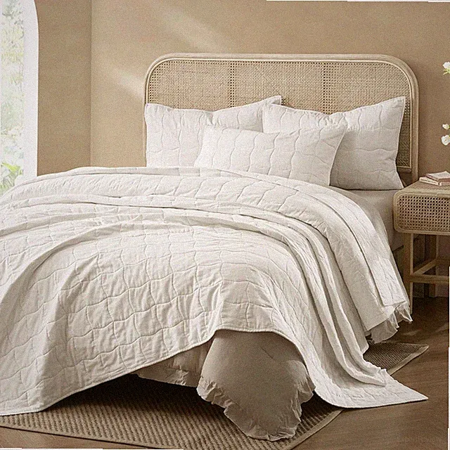Natural Linen Cotton Quilt - Wavy Box Stitched White Queen Quilt, 100% Cotton Fi