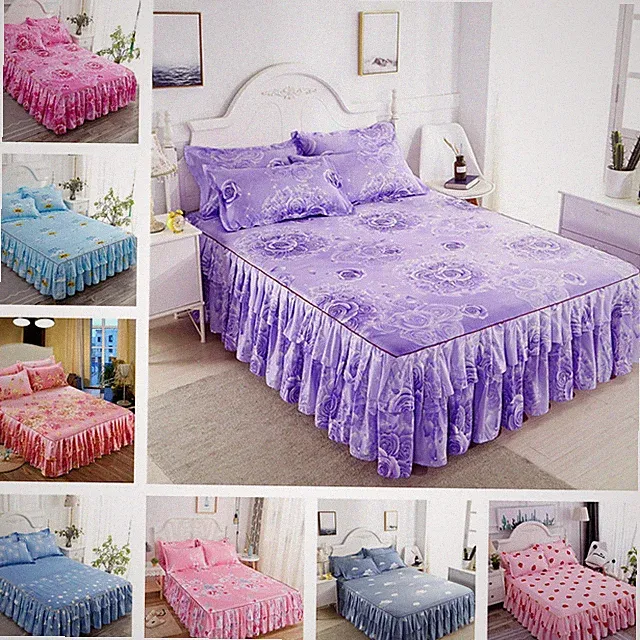 Polycotton Fitted Bed Sheet Floral Printed Bed Skirt Bedspread Dust Ruffle