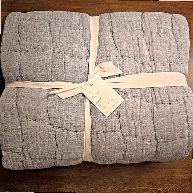 POTTERY BARN CLOUD HANDCRAFTED COTTON/LINEN QUILT, FULL/QUEEN ~ STEEL BLUE