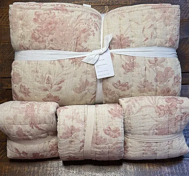 Pottery Barn Floral Cloud Reversible Quilt K/CK -2 Euro & 1 King Shams Rosewood!