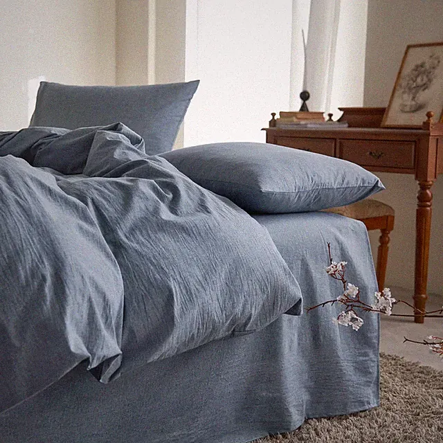 Wake In Cloud - Cotton Duvet Cover Set, Full Size, Chambray Denim Blue, 100%...