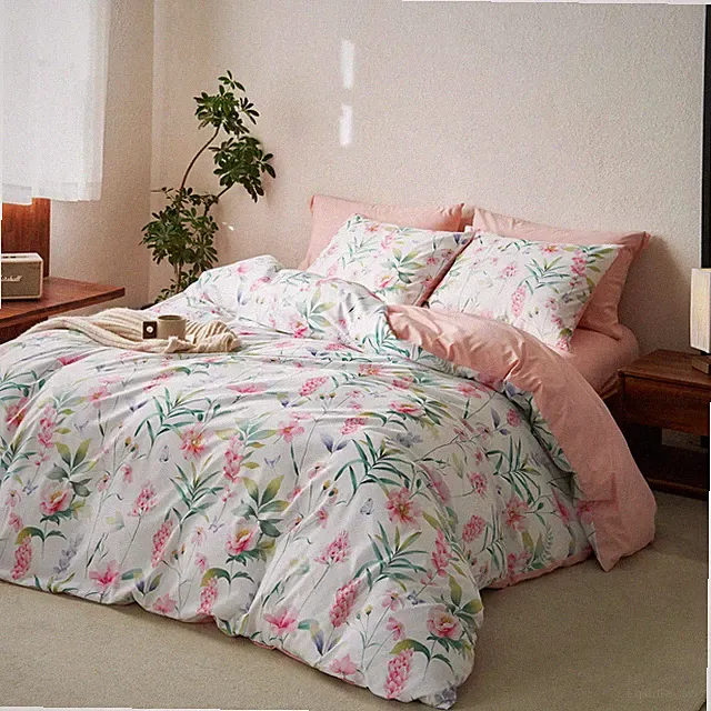 Wake In Cloud Floral Comforter Set Pink Botanical Flower and Green Tree