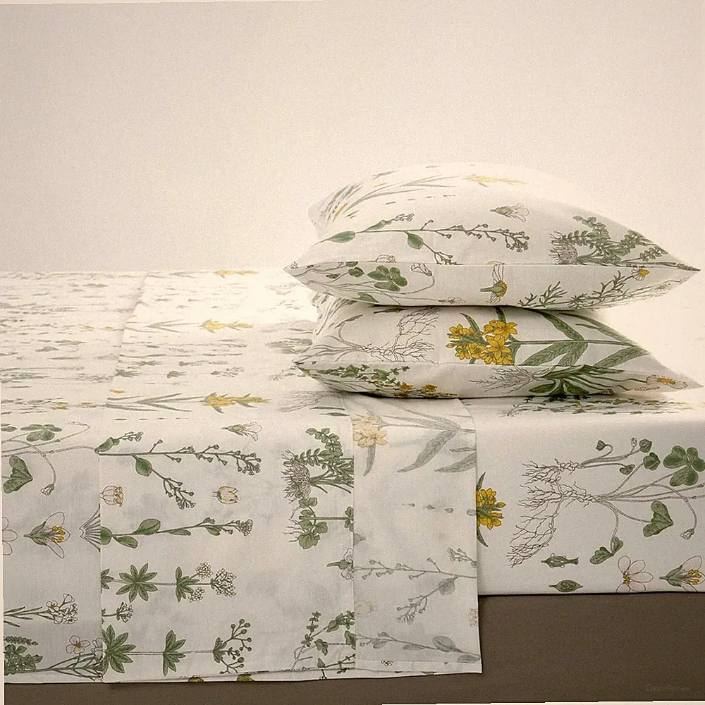 Wake In Cloud - Queen Size Bed Sheets, 100% Queen, Botanical Yellow Green