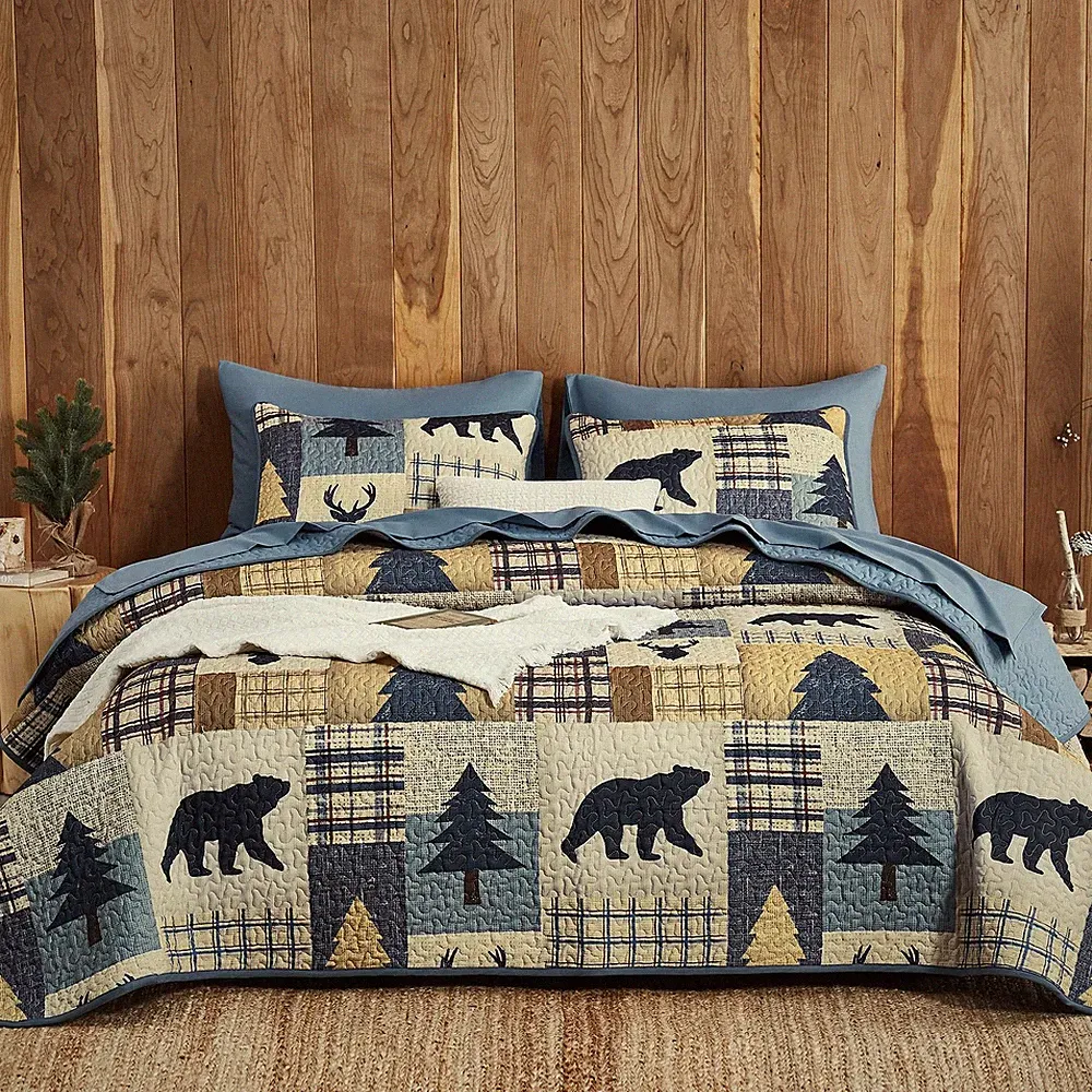 Wake In Cloud - Rustic Quilt Set, Cabin Country Queen / Full, Navy Tan