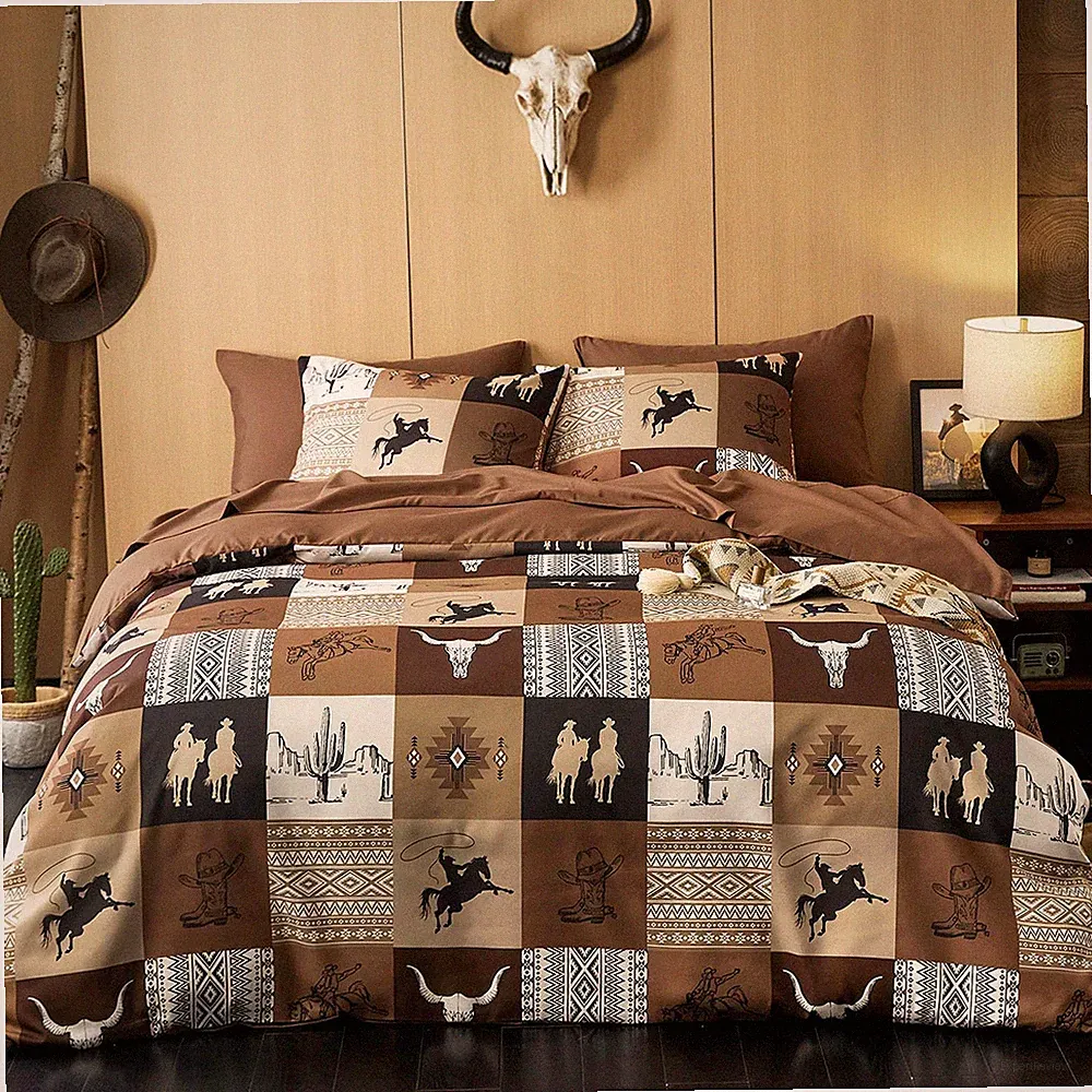 Wake In Cloud - Western Comforter Set with Sheets, Queen, Tan Brown