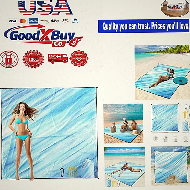 Waterproof Sandproof Beach Blanket for 1-4 Adults 79x83in Americana Design Co...